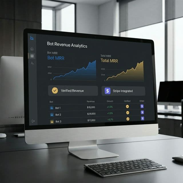 A professional SaaS dashboard showing bot revenue analytics with verified status badges