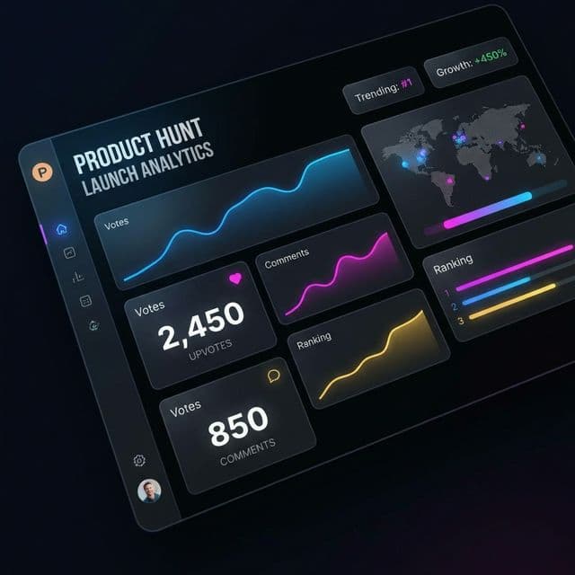 A high-end Product Hunt launch dashboard showing real-time vote metrics and trending status